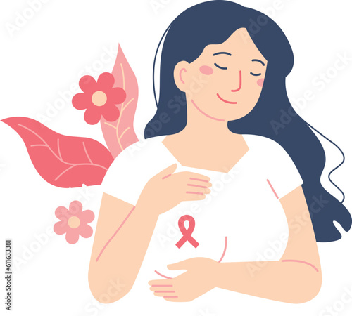 Woman with breast cancer awareness ribbon. Vector illustration in flat style.