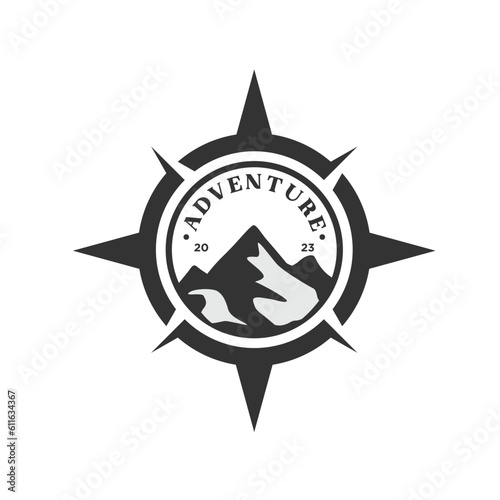 Adventure Logo with Mountain and Compass Design Vector Illustration Template