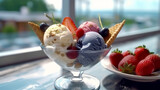 Ice cream scoops with berries in cafe, dessert concept, cool and hot weather