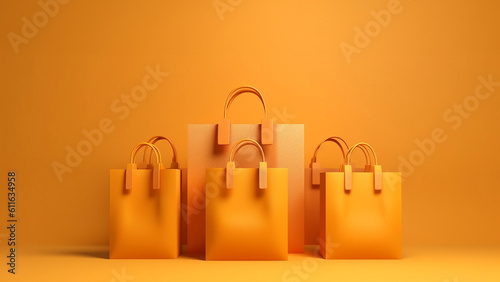 Empty orange color shopping bag on the yellow background, copy space text, Design creative concept for autumn sale event. generative ai.