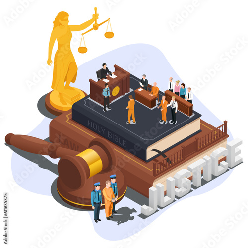 Illustration of legal court proceedings. Concept of court with witness and suspect in front of judge. Suitable for use as a poster or banner on the website