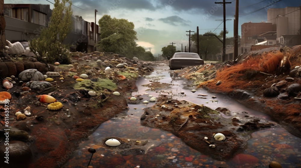 stormwater runoff, with rainwater flowing over a paved surface and a swirling contamination. . generative ai stormwater runoff, with rainwater flowing over a paved surface and a swirling contamination. . generative ai