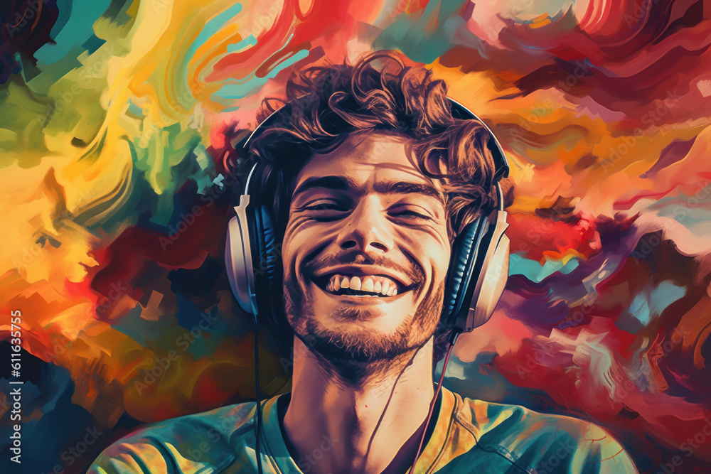 Portrait of smiling man with headphones looking into the camera, bright, deep colors. Generative AI