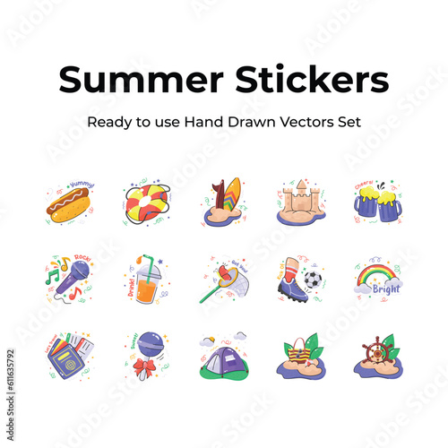 Grab this beautifully designed hand drawn summer stickers set, ready to use and download vectors 