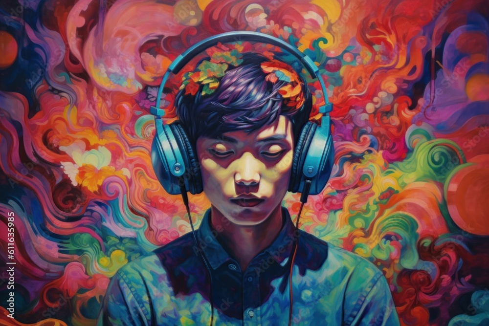 Portrait of hipster man with headphones, cartoon style, bright colors, modern art, artwork. Generative AI