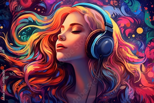 Portrait of beautiful girl with headphones, cartoon style, modern art. Generative AI