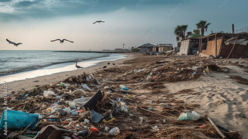 polluted beach, the shoreline scattered with discarded waste. generative ai polluted beach, the shoreline scattered with discarded waste. generative ai