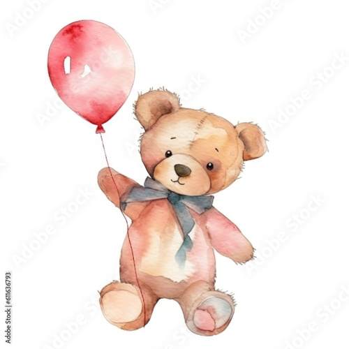 Watercolor teddy bear with balloons on white background Generative AI