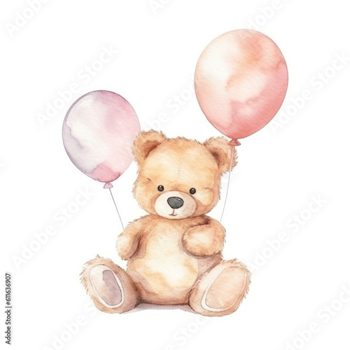 Watercolor teddy bear with balloons on white background Generative AI