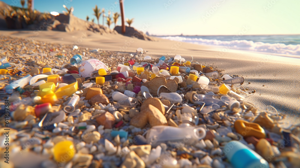 plastic waste piled up on the beach. generative ai.