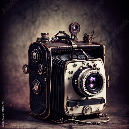Dark aesthetic portrait of an old steampunk style bellows camera with generative AI technology