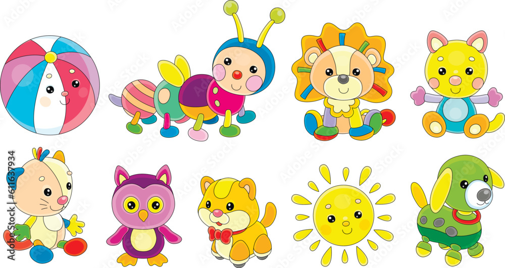 Naklejka premium Toy baby animal characters with a cute little caterpillar, lion, kittens, owlet, sun and puppy, set of vector cartoon illustrations