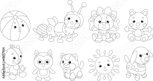 Toy baby animal characters with a cute little caterpillar, lion, kittens, owlet, sun and puppy, set of black and white outline vector cartoon illustrations