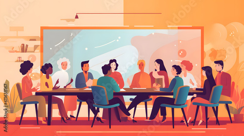 Global Business Collaboration: Illustration of a Circular Table Meeting with People from Around the World. Generative AI