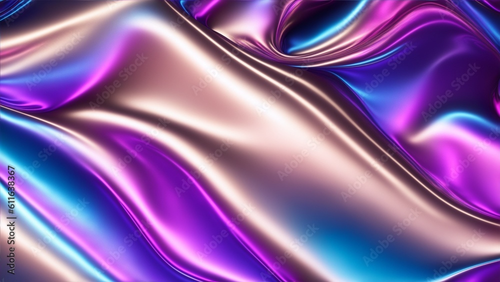 Fototapeta premium Abstract colorful smooth wavy elegant holographic silk cloth texture design, dynamic shiny luxury metallic satin fabric wave background, generative ai