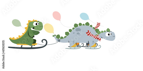 Two dinosaurs are skating and sledding. Vector illustration.