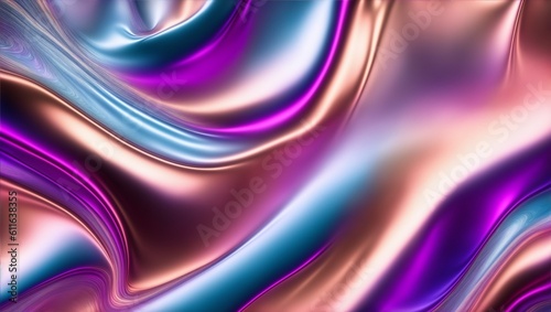 Abstract colorful smooth wavy elegant holographic silk cloth texture design, dynamic shiny luxury metallic satin fabric wave background, generative ai