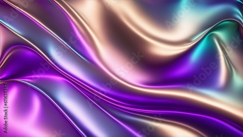Abstract colorful smooth wavy elegant holographic silk cloth texture design, dynamic shiny luxury metallic satin fabric wave background, generative ai
