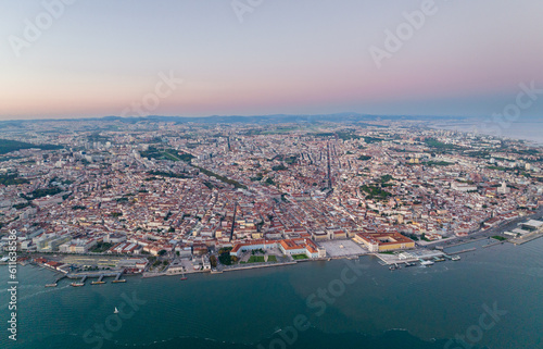 Lisbon Skyline and Cityscape. Tagus River in Foreground, Downtown and Old Town in Background. Portugal