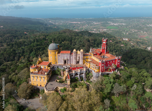 Palace of Pena in Sintra. Lisbon, Portugal. Part of cultural site of Sintra City. Drone Point of View