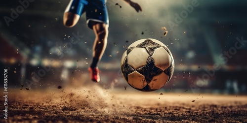 AI Generated. AI Generative. Soccer football ball foot kick motion game sport fit competition photo illustration. Graphic Art © Graphic Warrior