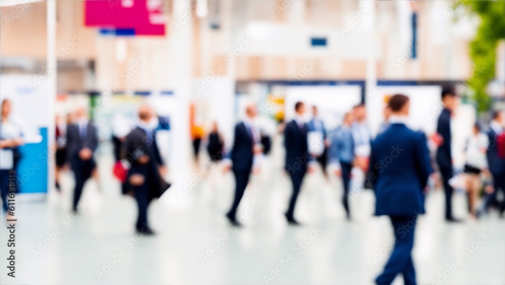 blurred business people walking at a trade fair, conference or walking in a modern hall, generative ai - obrazy, fototapety, plakaty 