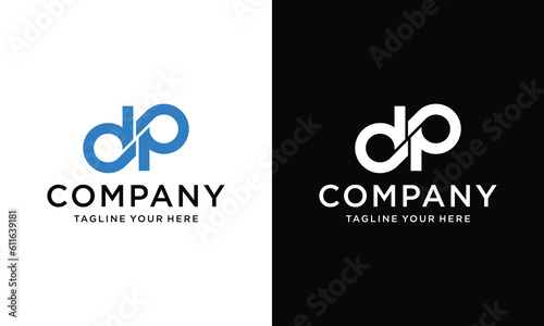 initial letter d and p linked circle monogram logo on a white and black background.