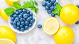 Summer background with lemon fruits, orange, blueberries and mint leaves. Fruits for Summer Lemonade. Summer concept. Flat lay, top view, copy space, generative ai