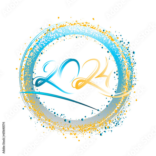 Neon circle frame with golden and blue glow. Vector glitter design element for holiday cards, Christmas or New Year party headliner, banner, poster. Happy New Year 2024 Text Design template