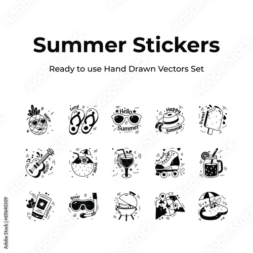 Get you hands on this creatively designed hand drawn stickers of summer vacation, travel and adventure vectors 