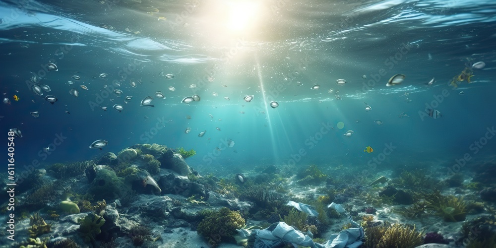 AI Generated. AI Generative. Plastic ecology ocean sea water underwater pollution trash. Eco world problem. Graphic Art AI Generated. AI Generative. Plastic ecology ocean sea water underwater pollution trash. Eco world problem. Graphic Art