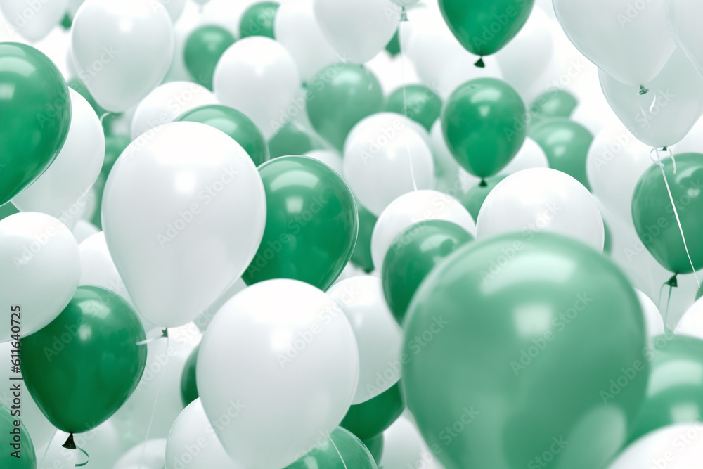 fliegende grüne und weiße Ballons auf hellem Hintergrund. Querformat. Generative Ai. fliegende grüne und weiße Ballons auf hellem Hintergrund. Querformat. Generative Ai.