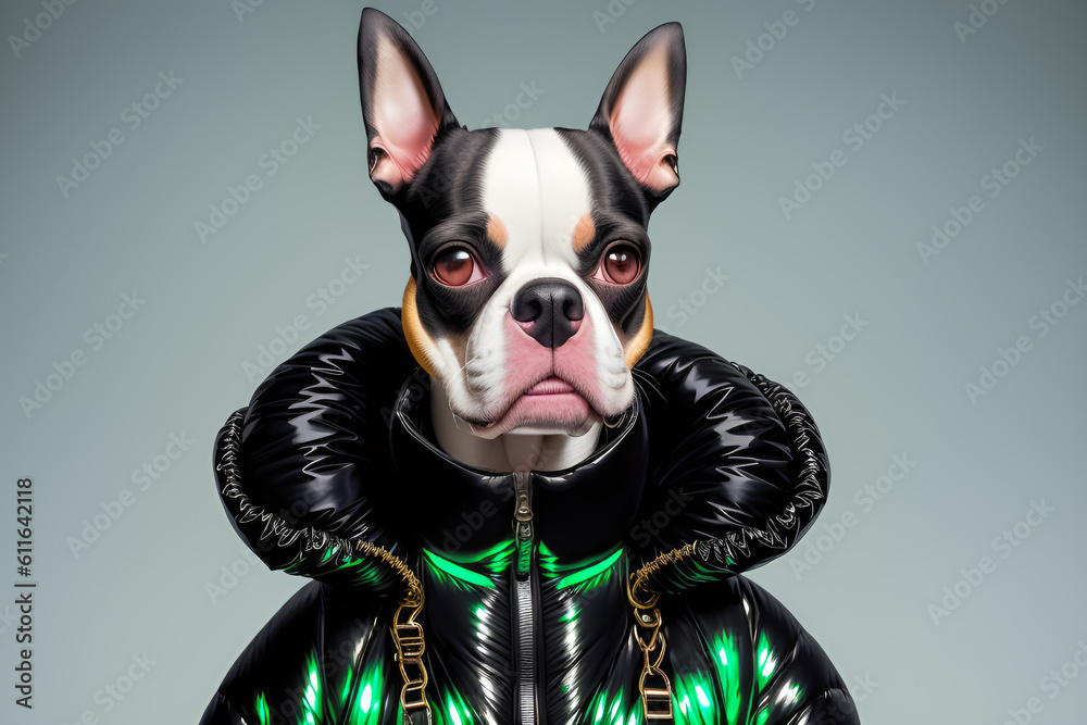 Futuristic fashion portrait of Boston terrier dog. generative AI