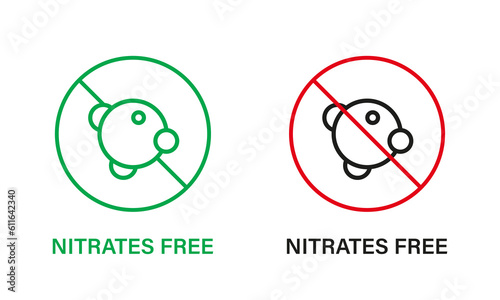 Nitrates Free Line Icon Set. Nitrites in Food Ingredient Stop Sign. Nitrate Forbidden Symbol. Nutrition Control Certified Badge. Guarantee Non Nitrite. Isolated Vector Illustration
