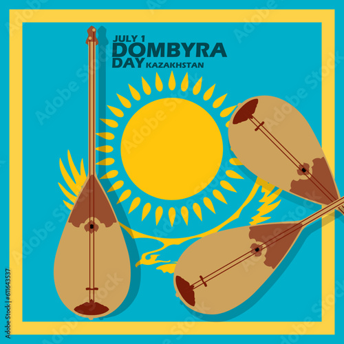 Several stringed musical instruments named Dombyra with the Kazakh flag and bold text in frame to commemorate Dombyra Day on July 1 in Kazakhstan