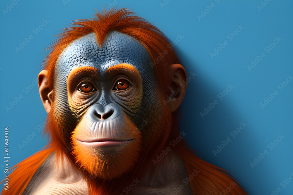 Portrait of a cute orangutan monkey on a blue background, generative ai Portrait of a cute orangutan monkey on a blue background, generative ai