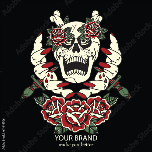 illustration of a skull Vecktor design suffering from being stabbed by a knife in both hands for a t-shirt