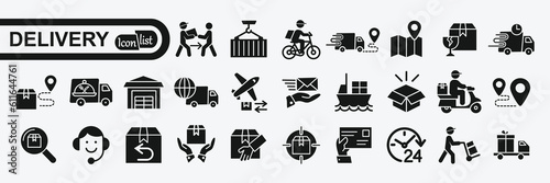 Delivery service icon set. Containing order tracking, delivery home, warehouse, truck, scooter, courier and cargo icons. Shipping symbol. Solid icons vector collection.