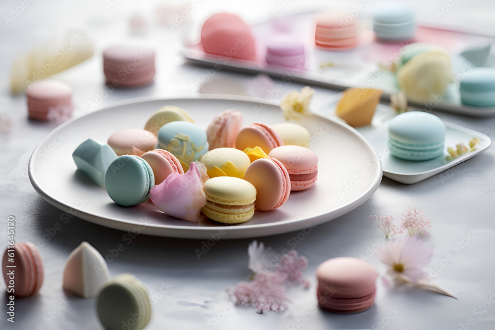 Closeup of colorful small macarons on the plate on the table. AI generated Closeup of colorful small macarons on the plate on the table. AI generated