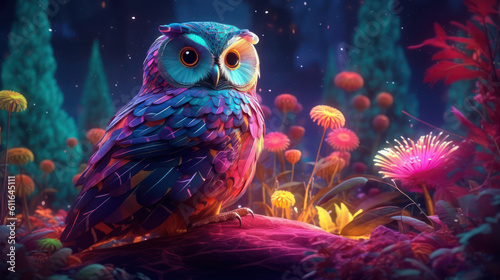 A colorful owl turns its head to look back in a neon-lit forest full of glowing flowers. The cyberpunk style creates a contrast between nature and technology AI Generative ART