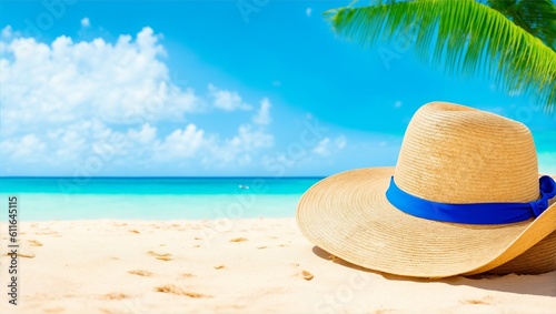 Concept summer holiday. Straw hat, sunglasses on sandy tropical beach with palms against ocean. summer vacation concept, generative ai