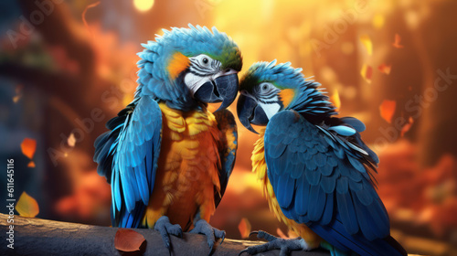 Two macaws, blue-and-yellow and blue-throated, cuddle on a branch, surrounded by golden nature. Their love and beauty shine in the isolated scene AI Generative ART