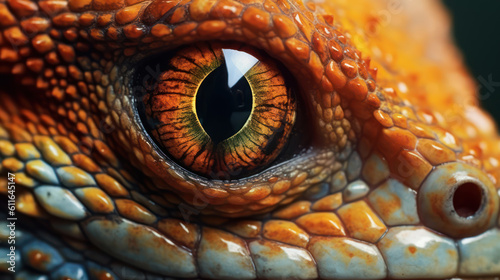 A close-up shot of the eye of an iguana, showing its intricate pattern and texture. The eye is surrounded by green scales and has a slit pupil AI Generative ART © Graphics.Parasite