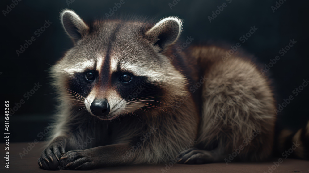 A young raccoon explores its surroundings as it walks on a grassy field. The raccoon has a striped tail and a black mask around its eyes. It looks cute and curious AI Generative ART
