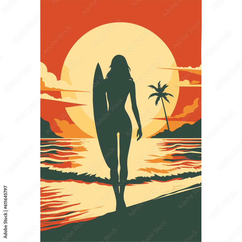 A female surfer glides on a wave, her hair flowing in the wind, as the sun sets over the beach