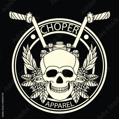 Chopper motorcycle club Vecktor design illustration with a skull on a headlight for a t-shirt