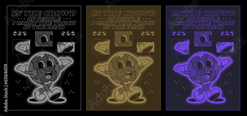 Groovy poster 70s. Retro poster with funny cartoon walking characters planet earth in dither effect. Vintage prints, isolated