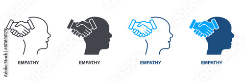 Empathy and Compassion Silhouette and Line Icon Set. Emotional Solace, Solidarity Symbol Collection. Human Head and Agreement Handshake Pictogram. Isolated Vector Illustration