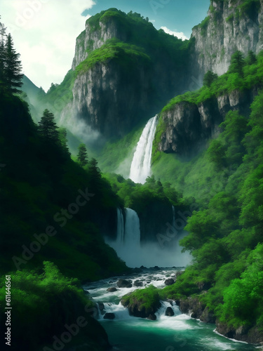 Moutain with waterfall green nature  Generative AI Illustration.