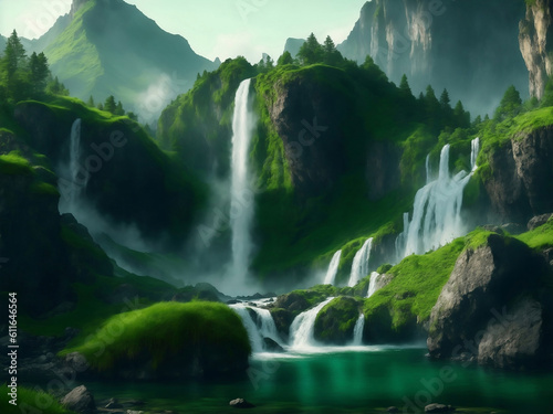 Moutain with waterfall green nature, Generative AI Illustration.